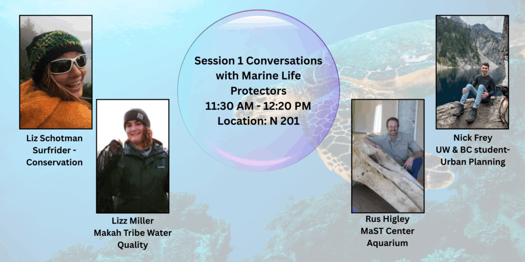 Four photos of marine life protectors around event details for session 1 on a blue watery background