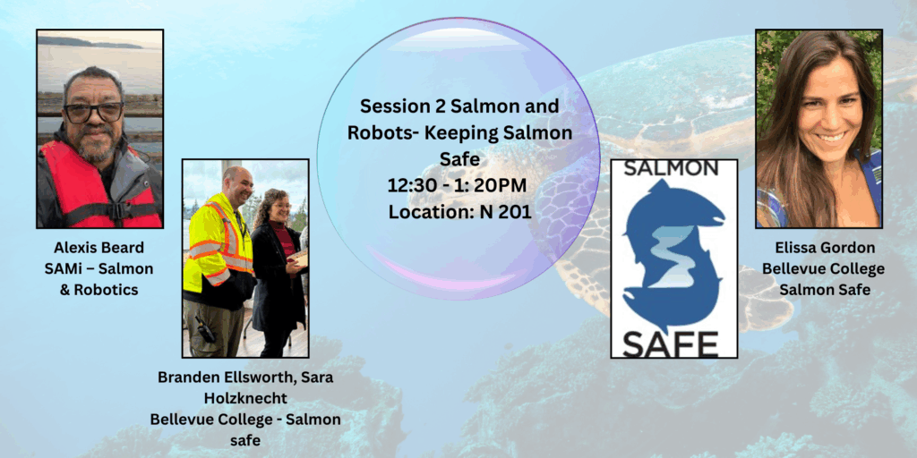 Four photos of marine life protectors around event details for session 2 on a blue watery background.